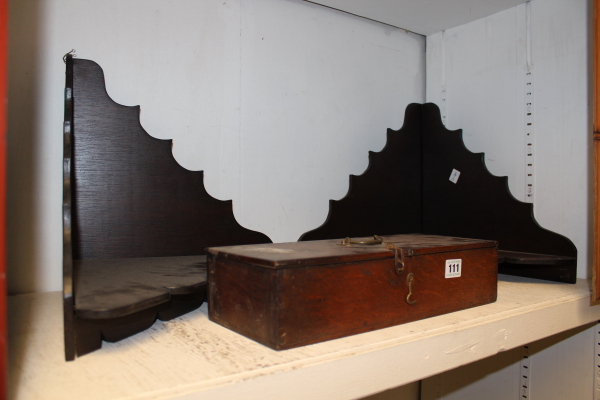 A VICTORIAN OAK BOX AND TWO WALL SHELVES