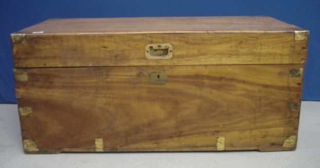 C19th Camphor Wood Trunk with brass corners, brass strap edges & brass lifting handles, inset handle