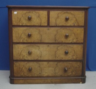 Victorian C19th Burr Walnut Veneered Rounded Corner Chest of 2 short & 3 long graduated drawers with