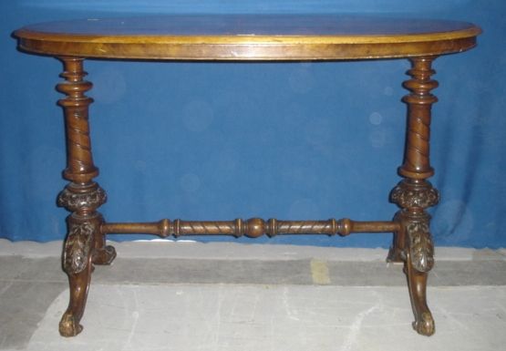 C19th Victorian Oval Marquetry Inlaid Walnut Stretcher Table on twin carved & tapering columns