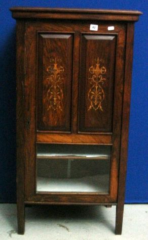 Rosewood & Marquetry Music Cabinet with pair panelled doors, marquetry inlay, flat section supports