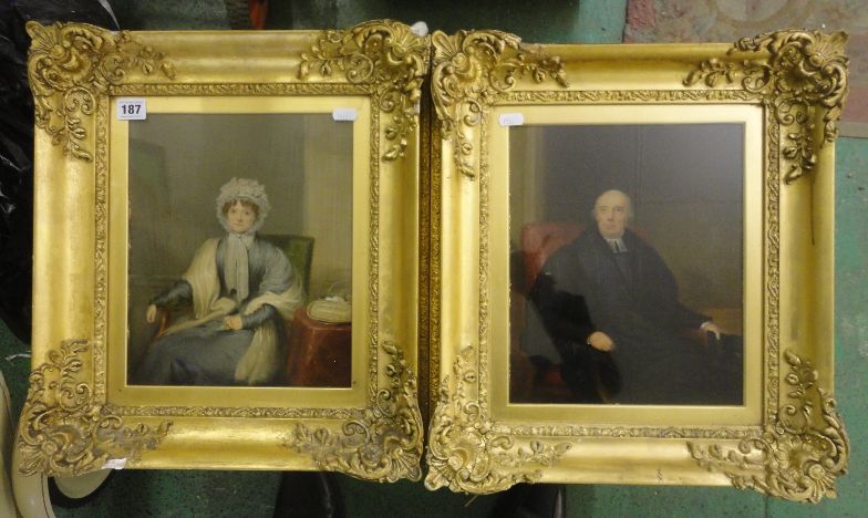 Pair C19th Oil on Board Portraits lady in lace hat with curly tresses, lace shawl, crochet needles