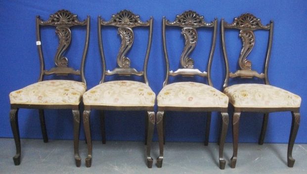 Set 4 Late Victorian Salon Chairs on tall stylized cabriole supports with shell carved knees,