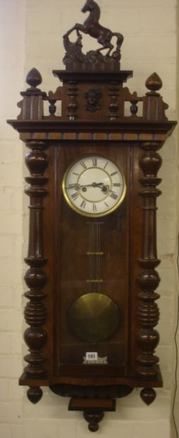 Late C19th Walnut Regulator Style Wall Clock with 2 train spring driven movement, enamelled dial