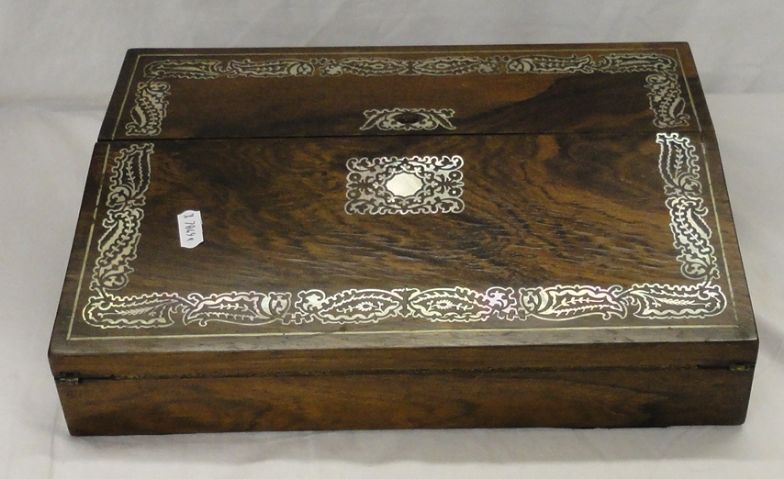 Mid C19th Rosewood & Mother of Pearl Inlaid Writing Box, double hinged top with pair inkwells,