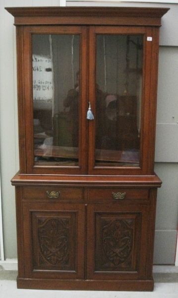 Late C19th Victorian Walnut Chiffonier Bookcase on plinth base, pair glazed doors over under small