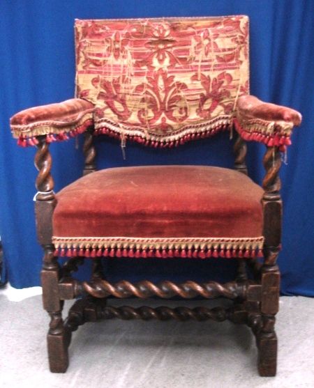 C18th/C19th Oak Barley Twist Cromwellian Style Armchair with out-swept overstuffed arms, stuffed