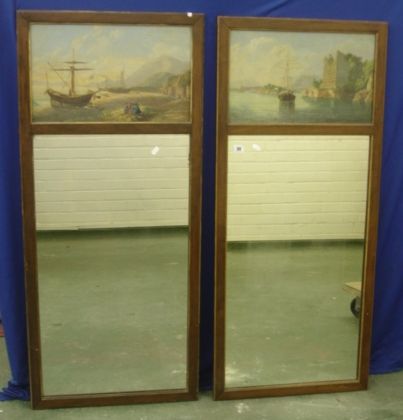 Pair Continental Walnut Framed Pier Mirrors with gilt details, lower section with plain mirrored