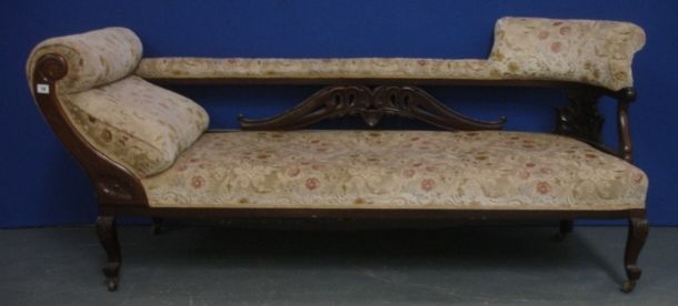 Late Victorian Mahogany Scroll End Chaise with upholstered back bar & raised & overstuffed end,