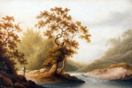 • JAMES GIBBS OF BATH (1792-1842, BRITISH) ANGLER BY A RIVERBANK watercolour 9 x 13ins