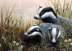 MARK CHESTER ( CONTEMPORARY, BRITISH) A BADGER FAMILY acrylic, signed lower right 10 x 14ins