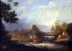 ATTRIBUTED TO EDWARD CHARLES WILLIAMS (1807-1881, BRITISH) WOODED RIVER LANDSCAPE WITH FIGURES BY