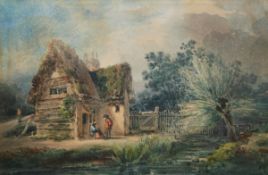 • ENGLISH SCHOOL (19TH CENTURY) FIGURES BY A RURAL COTTAGE watercolour 6 x 8 ½ins