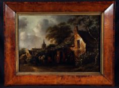 DUTCH SCHOOL (17TH CENTURY) FIGURES BEFORE A TAVERN oil on canvas 13 x 19ins