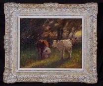 HARRY FIDLER, RBA, ROI (1856-1935, BRITISH) MILKING TIME oil on canvas, monogrammed lower left 14