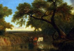 ENGLISH SCHOOL (19TH CENTURY) WOODED LANDSCAPE WITH CATTLE WATERING oil on canvas 8 ½ x 12 ½ins