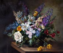 * CECIL KENNEDY (1905-1997, BRITISH) STILL LIFE STUDY OF MIXED FLOWERS IN A BOWL ON TABLE LEDGE