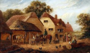 EDWINA W LARA (19TH CENTURY, BRITISH) VILLAGE SCENE WITH NUMEROUS FIGURES AND ANIMALS oil on canvas,