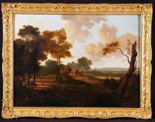DUTCH SCHOOL (18TH CENTURY) LANDSCAPE WITH TREES, COTTAGE AND CHURCH TO DISTANCE oil on oak panel 15