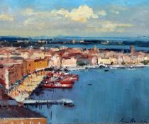 *IAN HOUSTON (BORN 1934, BRITISH) RIVA DEGLI – SCHIAVIONI, VENICE oil on board, signed lower right