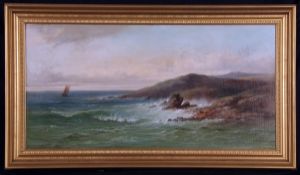 J MOORE (19TH CENTURY, BRITISH) SHIPPING OFF A COAST oil on canvas, signed lower right 17 ½ x 35ins