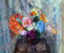 * AMY MILLAR WATT (1900-1956, BRITISH) STILL LIFE STUDY OF MIXED FLOWERS IN A JUG ON TABLE oil on