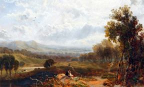 ENGLISH SCHOOL (19TH CENTURY) FIGURES IN A VALLEY oil on board 11 x 18ins