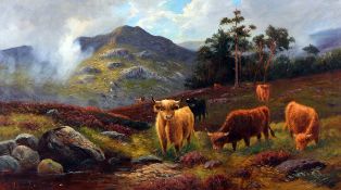 WILLIAM LANGLEY (1852-1922, BRITISH) CATTLE IN HIGHLAND LANDSCAPE oil on canvas, signed lower left