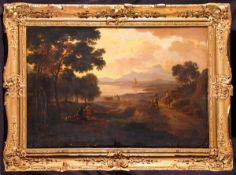 ITALIAN SCHOOL (18TH CENTURY) TRAVELLERS IN ITALIANATE LANDSCAPE oil on canvas 28 x 42ins