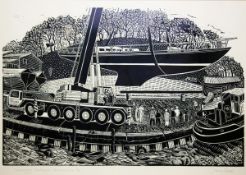 JAMES DODDS (BORN 1957, BRITISH) LAUNCHING HARTLEPOOL RENAISSANCE black and white lino cut, signed