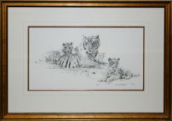 DAVID SHEPHERD, OBE, FRSA (BORN 1931, BRITISH) TIGER AND CUBS black and white print with publisher’s