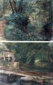 JOSE BELON (1861-1927, FRENCH) RIVER LANDSCAPE; RIVER LANDSCAPE WITH WASHERWOMAN pair of oils on