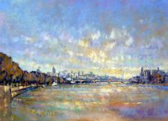 GEOFF MARSTERS (20TH CENTURY, BRITISH) RIVER THAMES TOWARDS THE CITY pastel, initialled lower