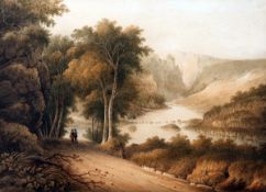 • ATTRIBUTED TO JOHN GLOVER (1767-1849, BRITISH) FIGURES IN LAKELAND PATH watercolour 13 x 18ins