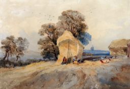 THOMAS LOUND (1802-1861, BRITISH) HAYSTACK WITH WORKERS watercolour 10 x 15ins