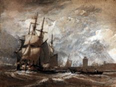 AUGUSTUS WALL CALLCOTT RA (1779-1844, BRITISH) SHIPPING OFF A COAST pencil and watercolour 3 x 4ins