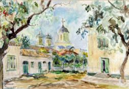 MARGARETA STERIAN (1897-1992, ROMANIAN) ROMANIAN TOWN watercolour 12 x 18ins