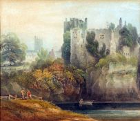 • ENGLISH SCHOOL (EARLY 19TH CENTURY) FIGURES AND CASTLE BY A RIVER watercolour 7 ½ x 9ins