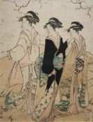 EISHO (C1790, JAPANESE) THREE BEAUTIES UNDER THE CHERRY BLOSSOMS coloured woodblock 11 x 8ins
