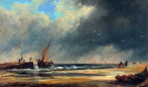 WARNER GYSELMAN (19TH CENTURY, DUTCH) COASTAL SCENE WITH FIGURES AND BOAT oil on canvas, signed to