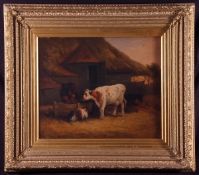 WILLIAM SHAYER (1811-1892, BRITISH) FARMSTEAD WITH CATTLE, HORSE AND GOATS BY DRINKING TROUGH oil on