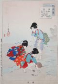 JAPANESE SCHOOL (20TH CENTURY) LADIES BY WATER’S EDGE hand coloured print 12 x 8ins mounted but