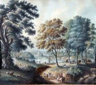 ENGLISH SCHOOL (19TH CENTURY) TRAVELLERS IN COUNTRY LANDSCAPE, LAKE BEYOND WITH FIGURES UNLOADING