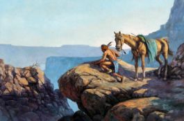 JORGE TARALLO BRAUN (BORN 1951, URUGUAYAN) INDIAN AND HORSE IN CANYON oil on canvas, signed and