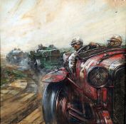 FREDERICK GORDON CROSBY (1855-1943, BRITISH) MOTOR RACING SCENE – BENTLEY RACE watercolour and