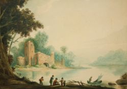 • ENGLISH SCHOOL (EARLY 19TH CENTURY) RIVER LANDSCAPES WITH FIGURES AND RUINS pair of