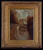 BELGIAN SCHOOL (19TH CENTURY) VIEW OF TOWN AND CANAL oil on canvas 18 x 14ins