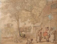 • THOMAS ROWLANDSON (1756-1827, BRITISH) EXTERIOR OF A COUNTRY INN WITH CARRIAGE AND FIGURES pen,