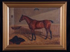 COLLENDER GOLDSMITH (19TH/20TH CENTURY, BRITISH) PINCHER – HORSE IN STABLE oil on canvas, signed and