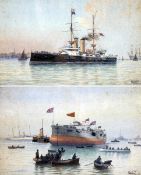 WILL C CLUETT (19TH/20TH CENTURY, BRITISH) “LAUNCH OF THE LONDON AT PORTSMOUTH”; “HMS LONDON LEAVING